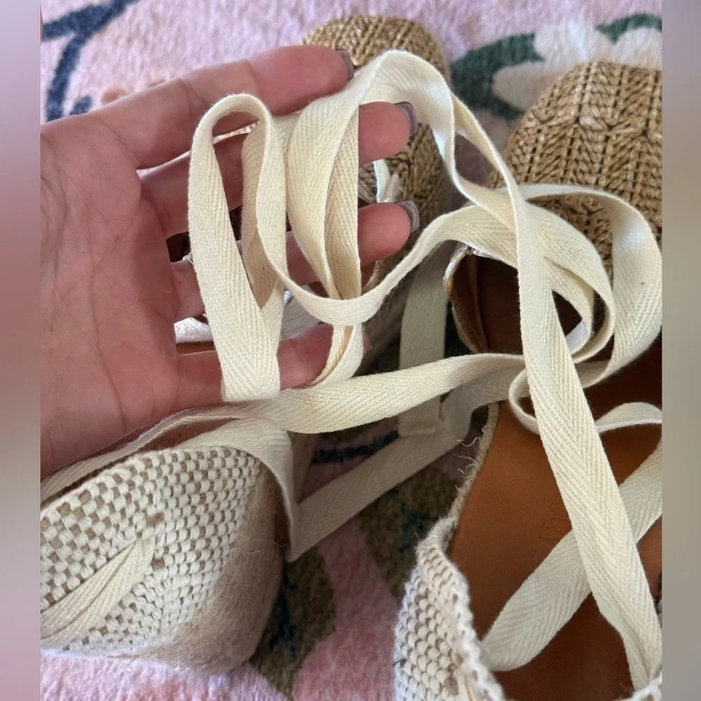 Modatrova Stilvi Raffia Espadrille Wedges Ankle Tie Natural EU 38